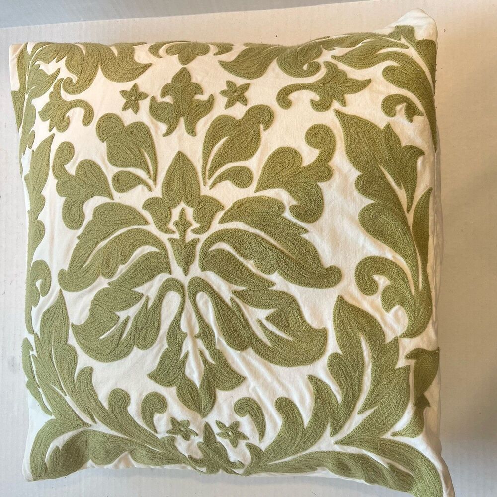 Pottery Barn Botanical Green Embroidered  20” Pillow Cover Down Pillow Insert